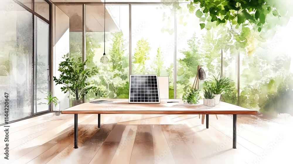 Green energy startup, modern office with solar tech, sustainable innovation, watercolor style Green energy startup, modern office with solar tech, sustainable innovation, watercolor style