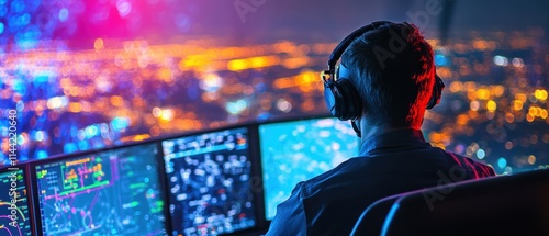Flight tracking screen in air traffic control, active radar signals, aviation coordination, focused controller, airport view in background, operational display, advanced control room design, dynamic