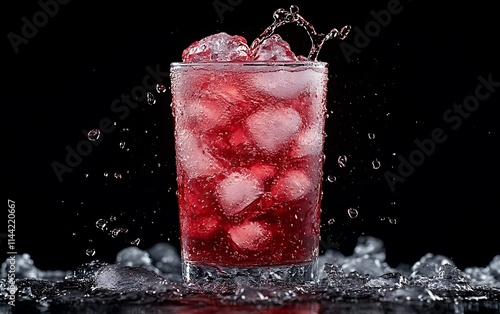 Refreshing red drink with ice cubes in a glass, splashing water droplets on a black background.