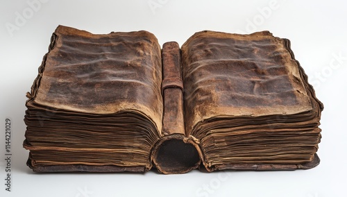 A large, open ancient book with weathered pages and a leather spine on a white background photo