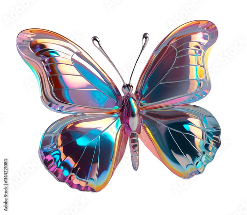3D chrome element in Y2K style, isolated background, liquid holographic metal. A butterfly with rainbow colors, metallic finish.