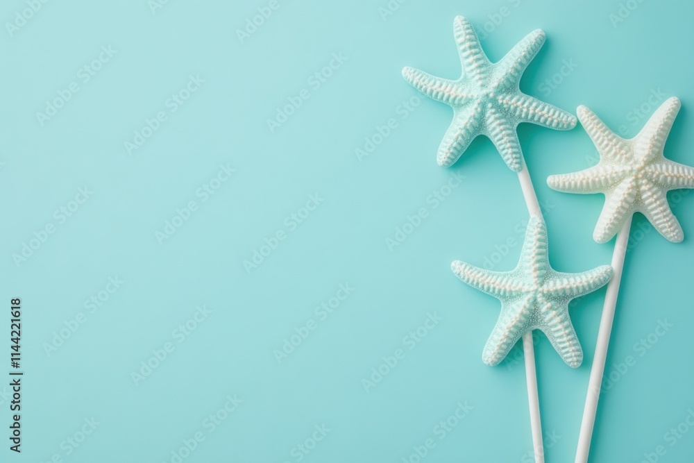 Three starfish on sticks, light blue background. Three starfish on sticks, light blue background.