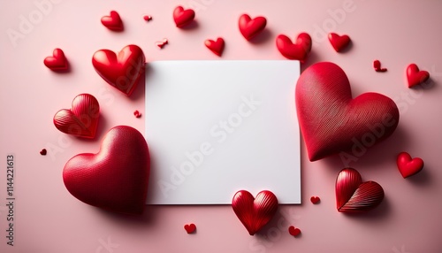 Red hearts surrounding a blank card create a romantic valentine's day scene