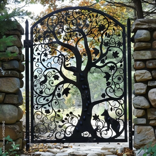 Handforged iron gate tree fox design leads garden set within stone wall photo