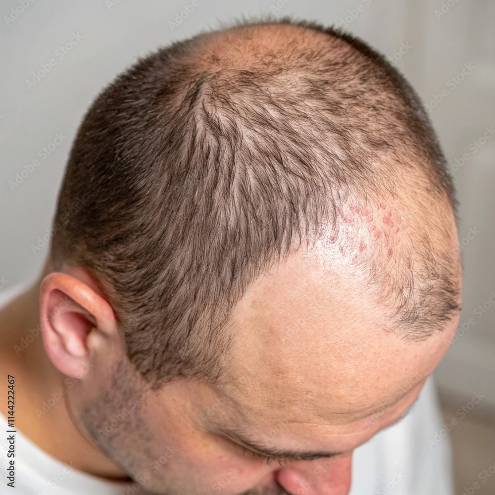 Detailed view of patchy hair loss on the human scalp, highlighting the skin and follicles affected by alopecia