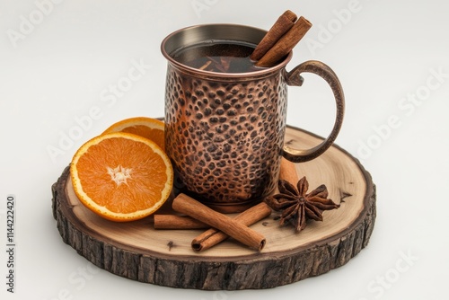 Copper Mug with Spiced Drink and Oranges