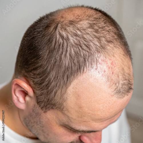 Detailed view of patchy hair loss on the human scalp, highlighting the skin and follicles affected by alopecia