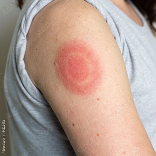 Macro shot of erythema migrans rash with a circular, target-like appearance caused by Lyme disease