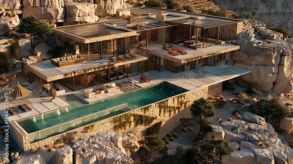 a luxurious modern villa with a U-shaped layout, an infinity pool, and a blend of stone and glass textures. exterior architecture design concept a luxurious modern villa with a U-shaped layout, an infinity pool, and a blend of stone and glass textures. exterior architecture design concept
