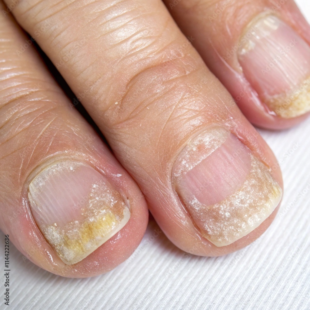 Close-up of nail psoriasis, showing pitted and discolored fingernails with visible ridges Close-up of nail psoriasis, showing pitted and discolored fingernails with visible ridges