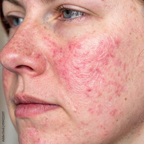 Detailed close-up of a face showing rosacea symptoms with redness and visible blood vessels on cheeks and nose