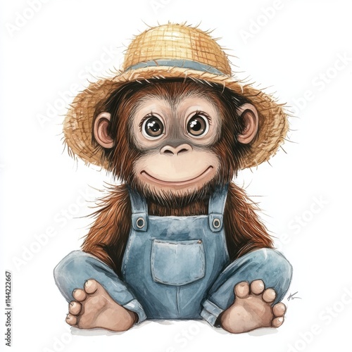 Adorable cartoon orangutan wearing overalls and a straw hat on a white background photo