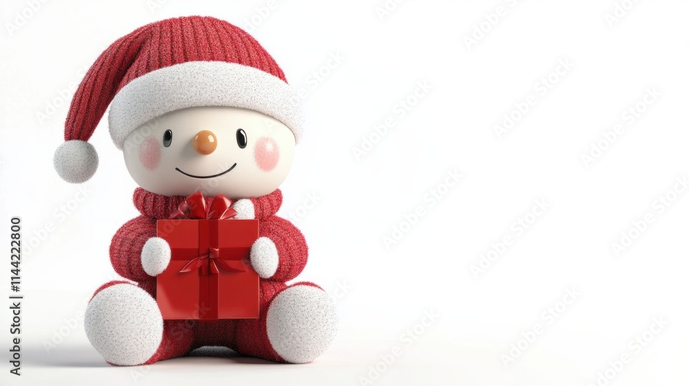 A charming 3D character wearing a red winter coat and Santa hat, sitting and holding a present, perfect for festive themes, on white A charming 3D character wearing a red winter coat and Santa hat, sitting and holding a present, perfect for festive themes, on white