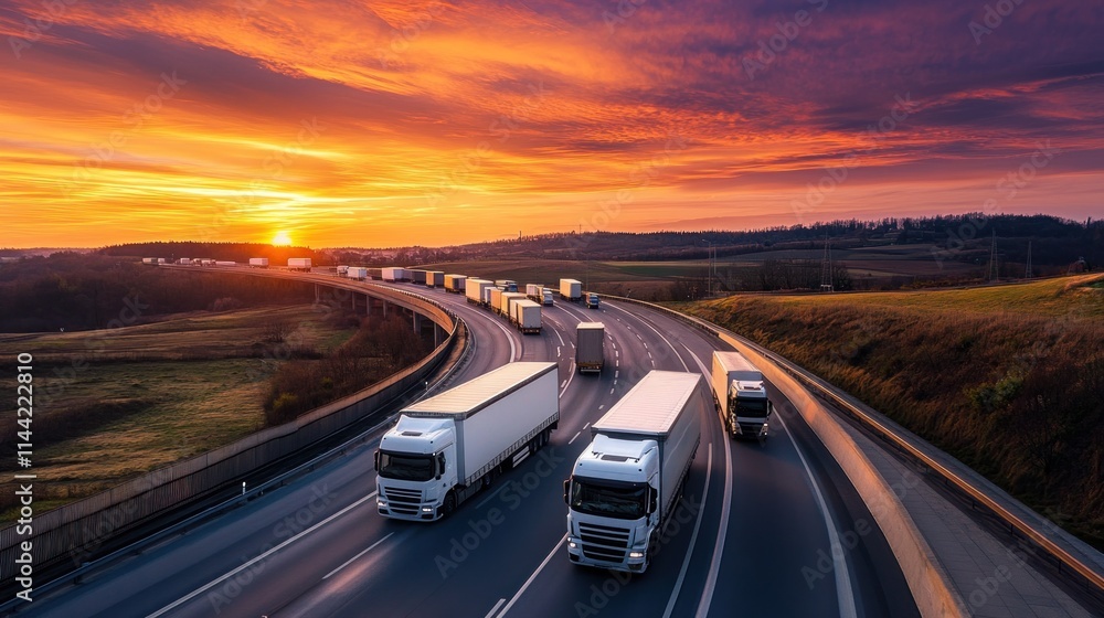 Trucks on highway, sunset sky. Trucks on highway, sunset sky.