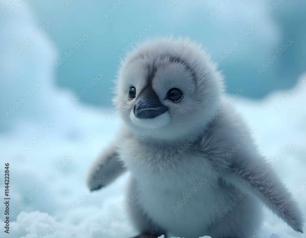 Fototapeta premium Baby Penguin in the Snowy Sea of Antarctica Wild Ocean and Sea Young and Cute 