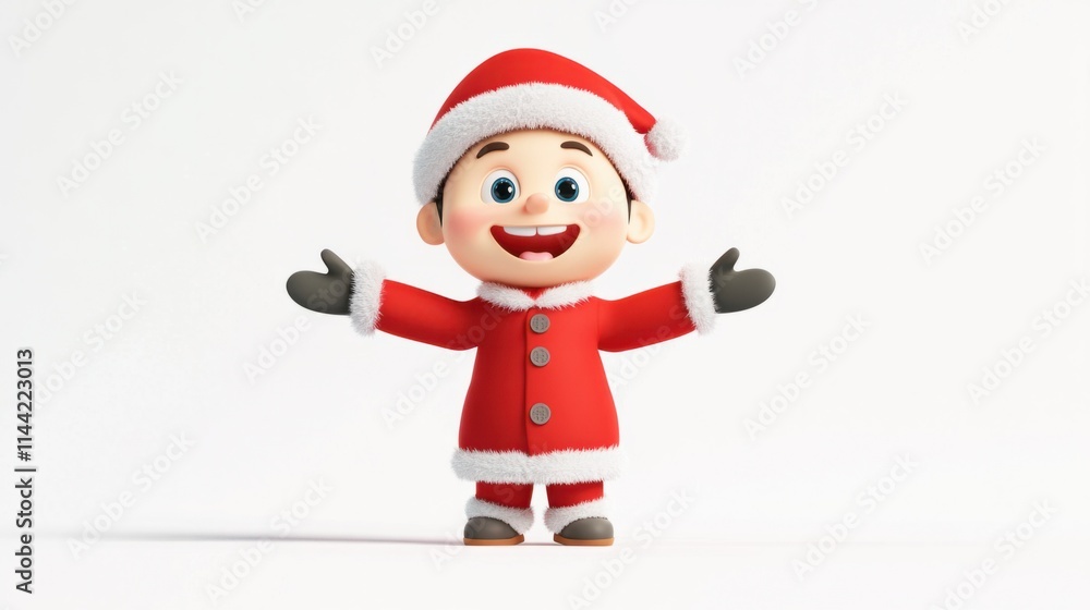 A cheerful 3D character in a red winter coat with fur cuffs and a Santa hat, standing with arms open, isolated on a white background A cheerful 3D character in a red winter coat with fur cuffs and a Santa hat, standing with arms open, isolated on a white background