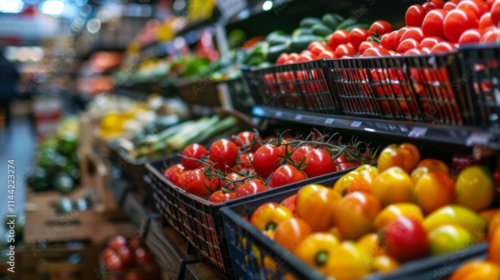 Fresh produce aisle with vibrant fruits and vegetables in a supermarket Fresh produce aisle with vibrant fruits and vegetables in a supermarket