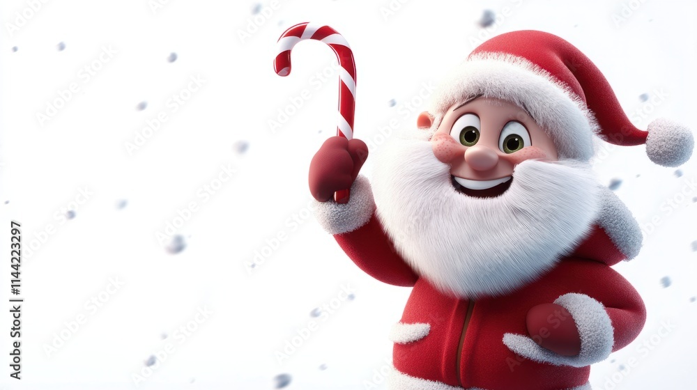 A cheerful 3D character in a Santa hat and red winter jacket, holding a candy cane with a joyful expression, on white A cheerful 3D character in a Santa hat and red winter jacket, holding a candy cane with a joyful expression, on white