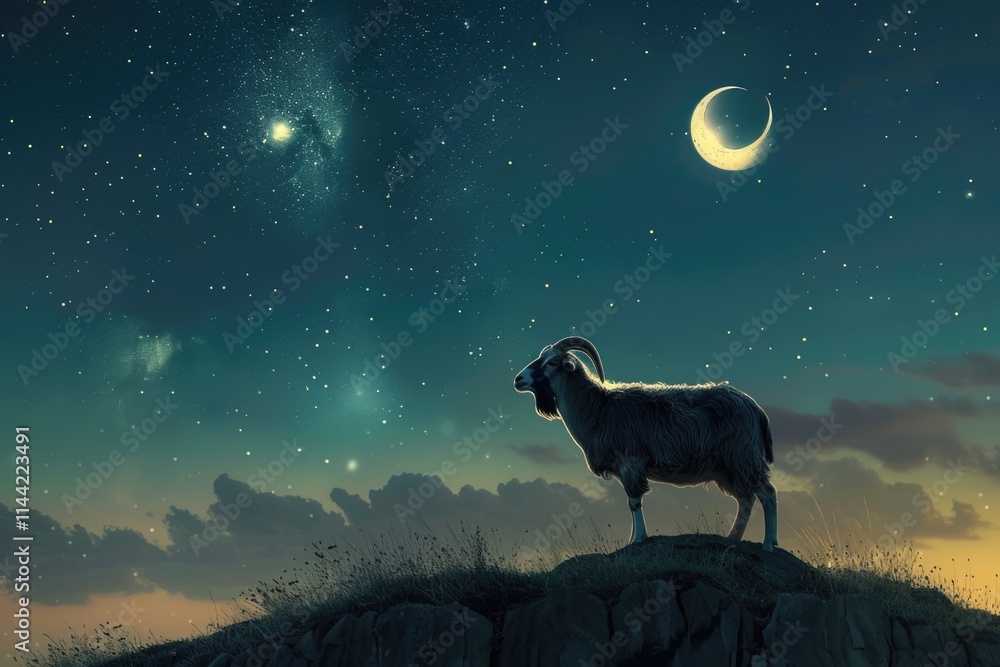 2023 Eid Al Adha concept photo Eid Mubarak greetings poster goat and crescent moon with night sky 2023 Eid Al Adha concept photo Eid Mubarak greetings poster goat and crescent moon with night sky