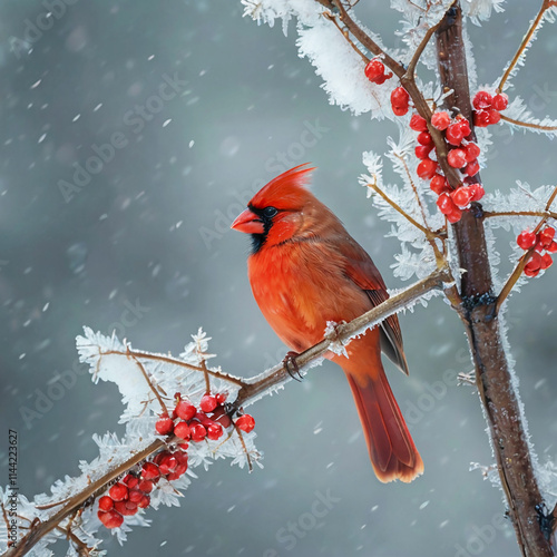 red cardinal bird with winter season photo