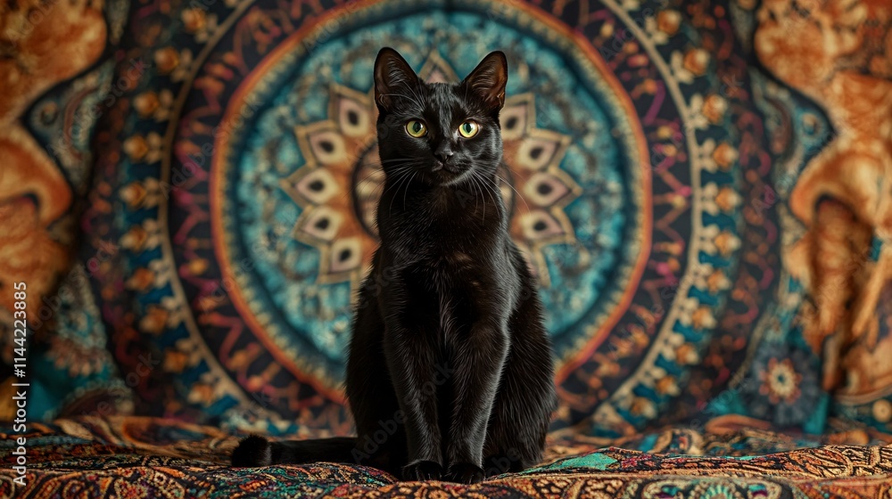 Fototapeta premium A black cat sitting on a traditional Indian rug with a background of intricate mandala designs