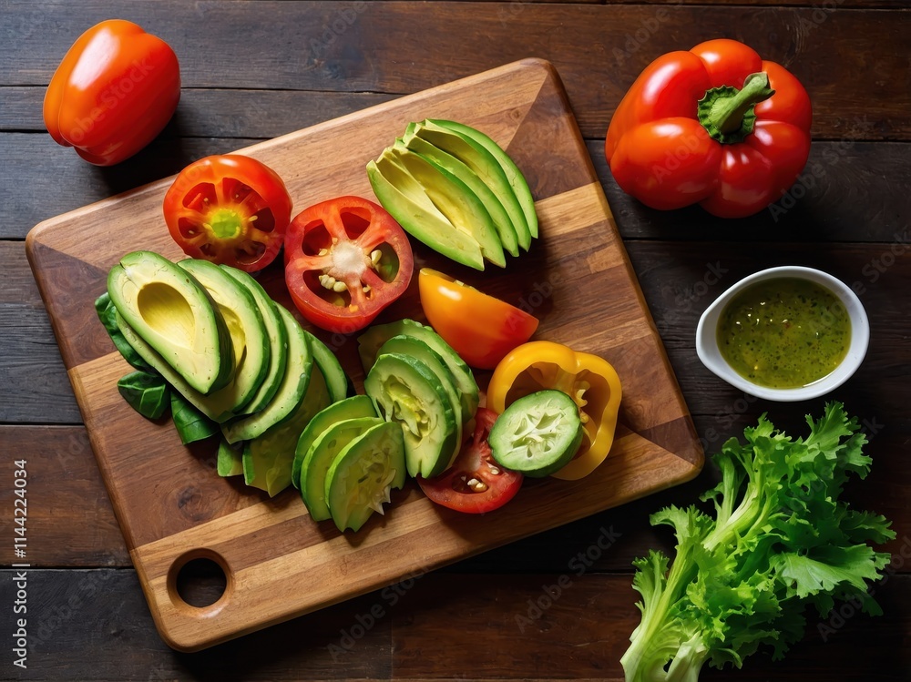 Freshly sliced vegetables on a wooden cutting board with vibrant colors and a small bowl of dressing in a cozy kitchen setting Freshly sliced vegetables on a wooden cutting board with vibrant colors and a small bowl of dressing in a cozy kitchen setting