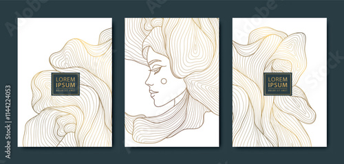 Vector set of line woman line cards, abstract beauty art deco portrait, hair salon, nature product package. Fashion feminine square posters