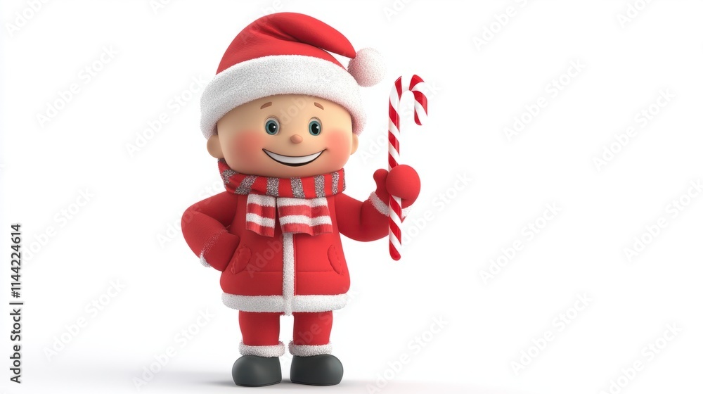 A happy 3D character wearing a red jacket with a scarf and a Santa hat, holding a candy cane, isolated on white A happy 3D character wearing a red jacket with a scarf and a Santa hat, holding a candy cane, isolated on white