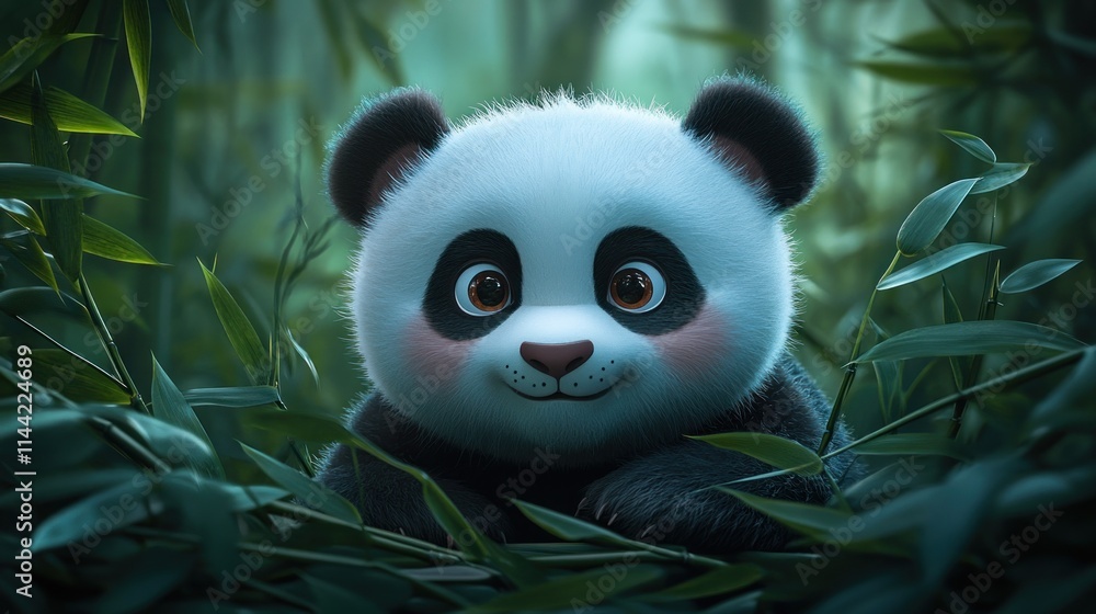 A cute panda cub nestled within dense bamboo foliage. A cute panda cub nestled within dense bamboo foliage.