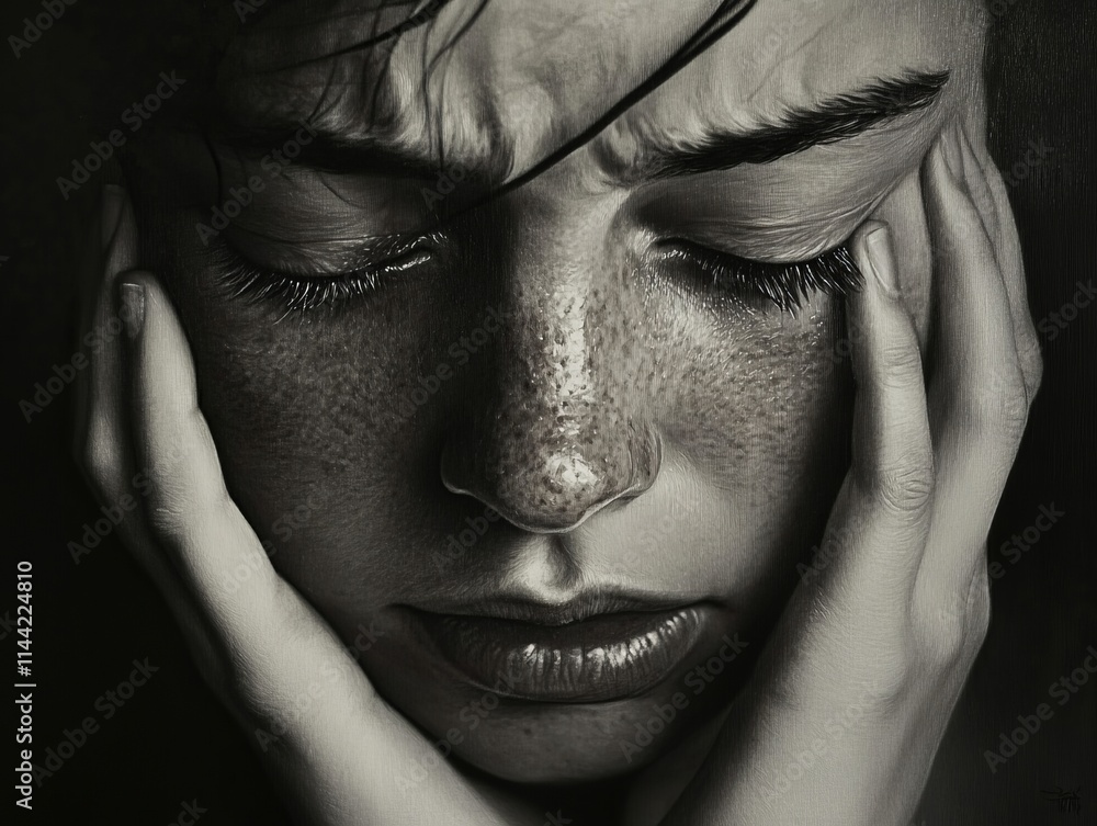 Young woman holding face expressing sadness and depression Young woman holding face expressing sadness and depression