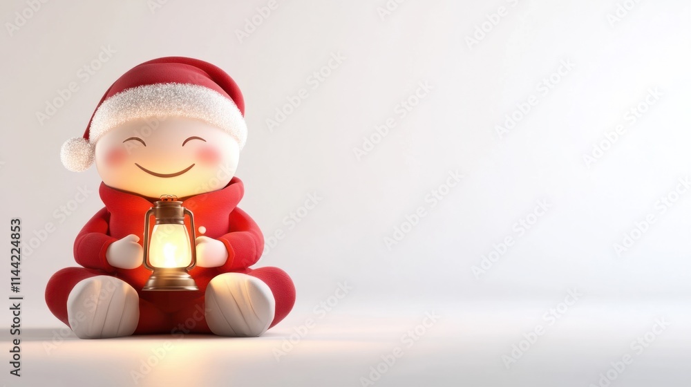 A happy 3D character wearing a red winter jacket and Santa hat, sitting cross-legged with a glowing lantern, isolated on white A happy 3D character wearing a red winter jacket and Santa hat, sitting cross-legged with a glowing lantern, isolated on white