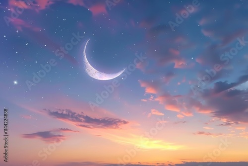 Twilight sky with crescent moon and star for Ramadan celebrations.