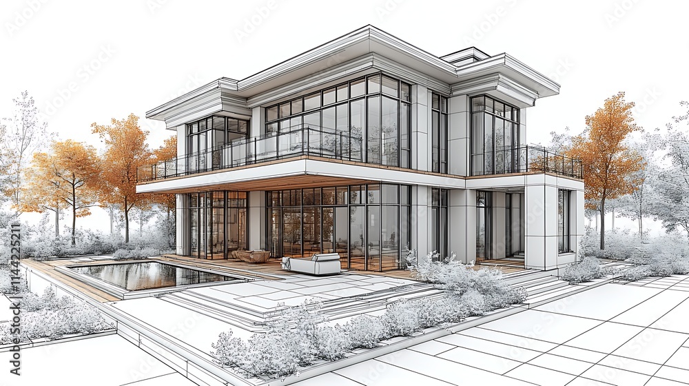 Modern 3D rendering of a house blueprint showcases unique architectural details image Modern 3D rendering of a house blueprint showcases unique architectural details image