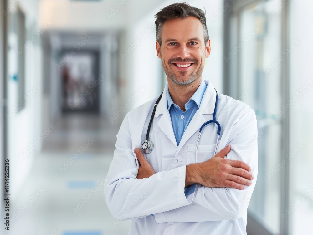 Portrait of smiling doctor with stethoscope in hospital corridor Portrait of smiling doctor with stethoscope in hospital corridor