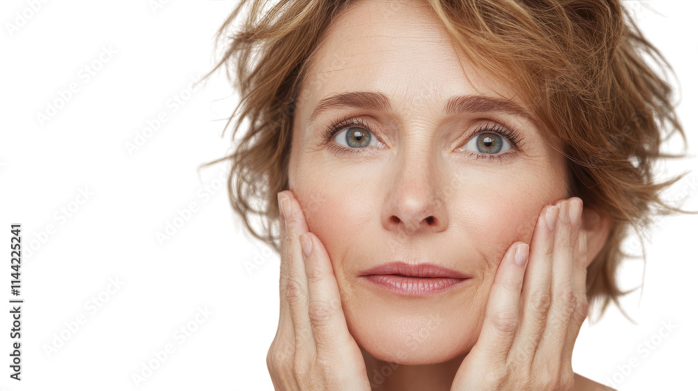 A Middle Aged Woman Displaying Surprise Emotion in a Natural Setting, Ideal for Social Media Posts or Emotional Content in Marketing Materials. A Middle Aged Woman Displaying Surprise Emotion in a Natural Setting, Ideal for Social Media Posts or Emotional Content in Marketing Materials.