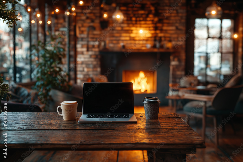 Cozy Coffee Shop Interior With A Fireplace, Laptop On The Table, Cappuccino In The Foreground, Wooden Sofa And Vintage Bookcase, Creating A Warm, Inviting Atmosphere In An Old Stone House Cozy Coffee Shop Interior With A Fireplace, Laptop On The Table, Cappuccino In The Foreground, Wooden Sofa And Vintage Bookcase, Creating A Warm, Inviting Atmosphere In An Old Stone House
