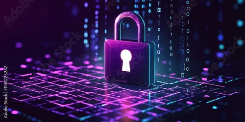 A digital lock symbolizing cybersecurity and data protection on a vibrant keyboard background.
