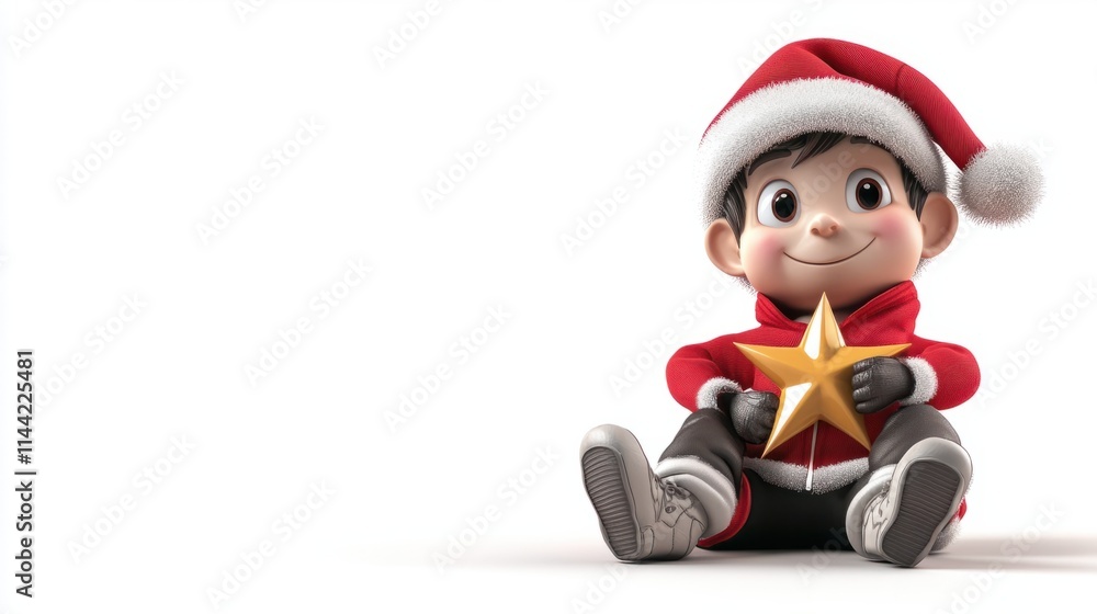 A playful 3D character wearing a red jacket and Santa hat, sitting with legs crossed and holding a Christmas star, isolated on white A playful 3D character wearing a red jacket and Santa hat, sitting with legs crossed and holding a Christmas star, isolated on white