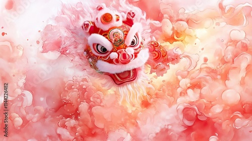 Chinese new year lion dance concept. Fire lion dance, dramatic fiery trails and glowing costumes, exhilarating moment, watercolor style