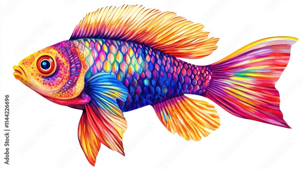 Fototapeta premium A colorful illustration of a tropical fish swimming, with detailed scales and fins, rendered in a bright, vibrant style, on white