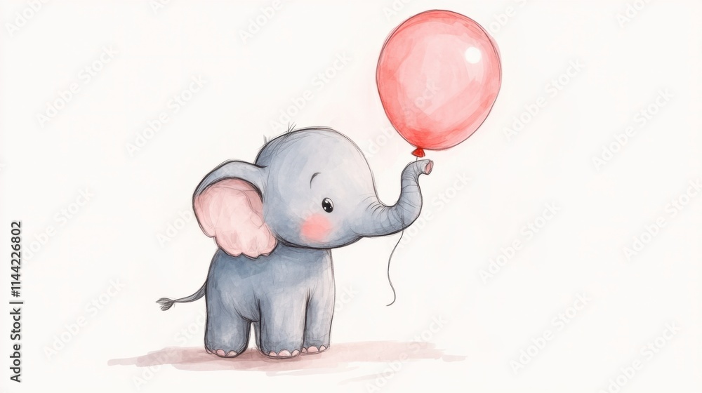 A cute illustration of a baby elephant holding a balloon with its trunk, drawn in a whimsical style, isolated on white A cute illustration of a baby elephant holding a balloon with its trunk, drawn in a whimsical style, isolated on white