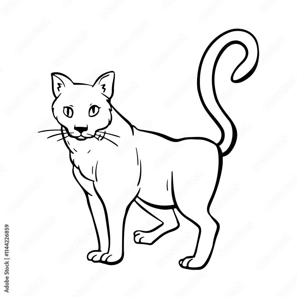 Curious cat with its tail raised stands and looks. Free hand Fat cute domestic pet illustration. Trendy doodle icon. Sketch style crooked vector. Curious cat with its tail raised stands and looks. Free hand Fat cute domestic pet illustration. Trendy doodle icon. Sketch style crooked vector.