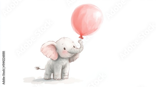 A cute illustration of a baby elephant holding a balloon with its trunk, drawn in a whimsical style, isolated on white