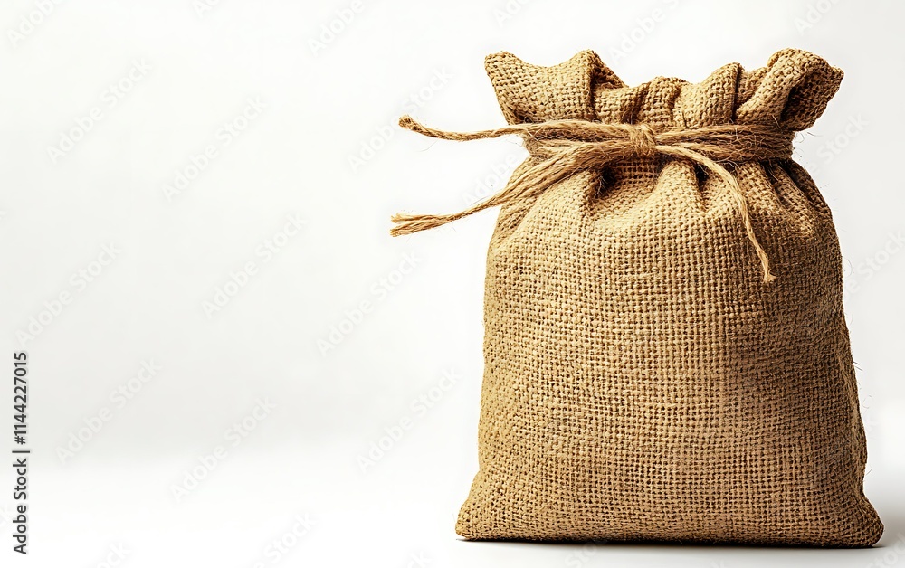 A burlap sack tied with twine against a white background. A burlap sack tied with twine against a white background.