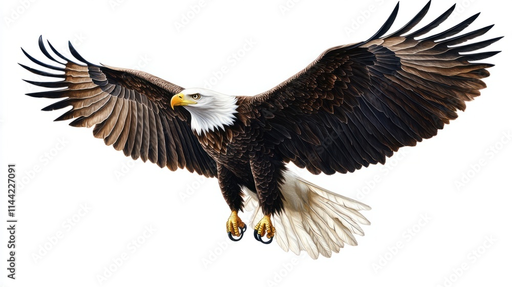 A detailed illustration of a majestic eagle in flight, with outstretched wings and sharp talons, isolated on white A detailed illustration of a majestic eagle in flight, with outstretched wings and sharp talons, isolated on white