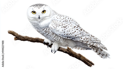 A detailed illustration of a snowy owl perched on a branch, with lifelike feathers and piercing eyes, isolated on white photo