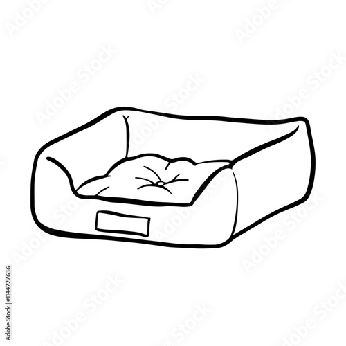 Soft bed for pets. Cat's favorite place. Sketch style Illustration for Pet shops, logo, postcards. Funny Crooked doodle vector icon.