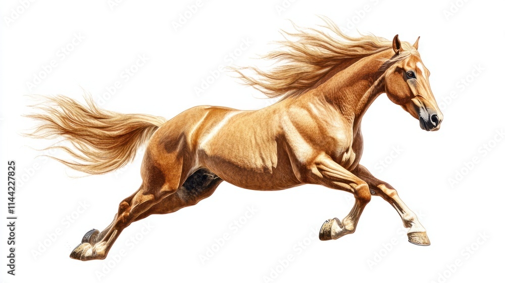 A dynamic illustration of a horse galloping, with flowing mane and tail, rendered in a realistic style, isolated on white A dynamic illustration of a horse galloping, with flowing mane and tail, rendered in a realistic style, isolated on white