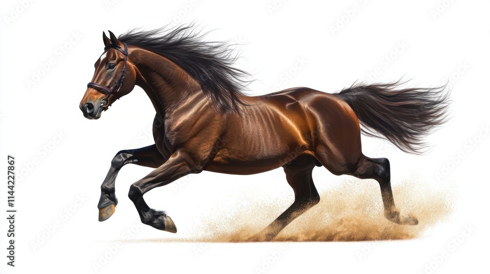 Fototapeta premium A dynamic illustration of a horse galloping, with flowing mane and tail, rendered in a realistic style, isolated on white