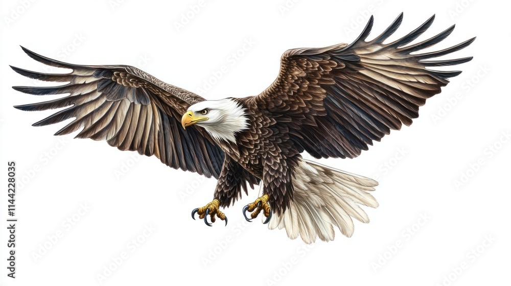 Fototapeta premium A dynamic illustration of an eagle soaring high, with outstretched wings and sharp talons, drawn in a detailed style, isolated on white